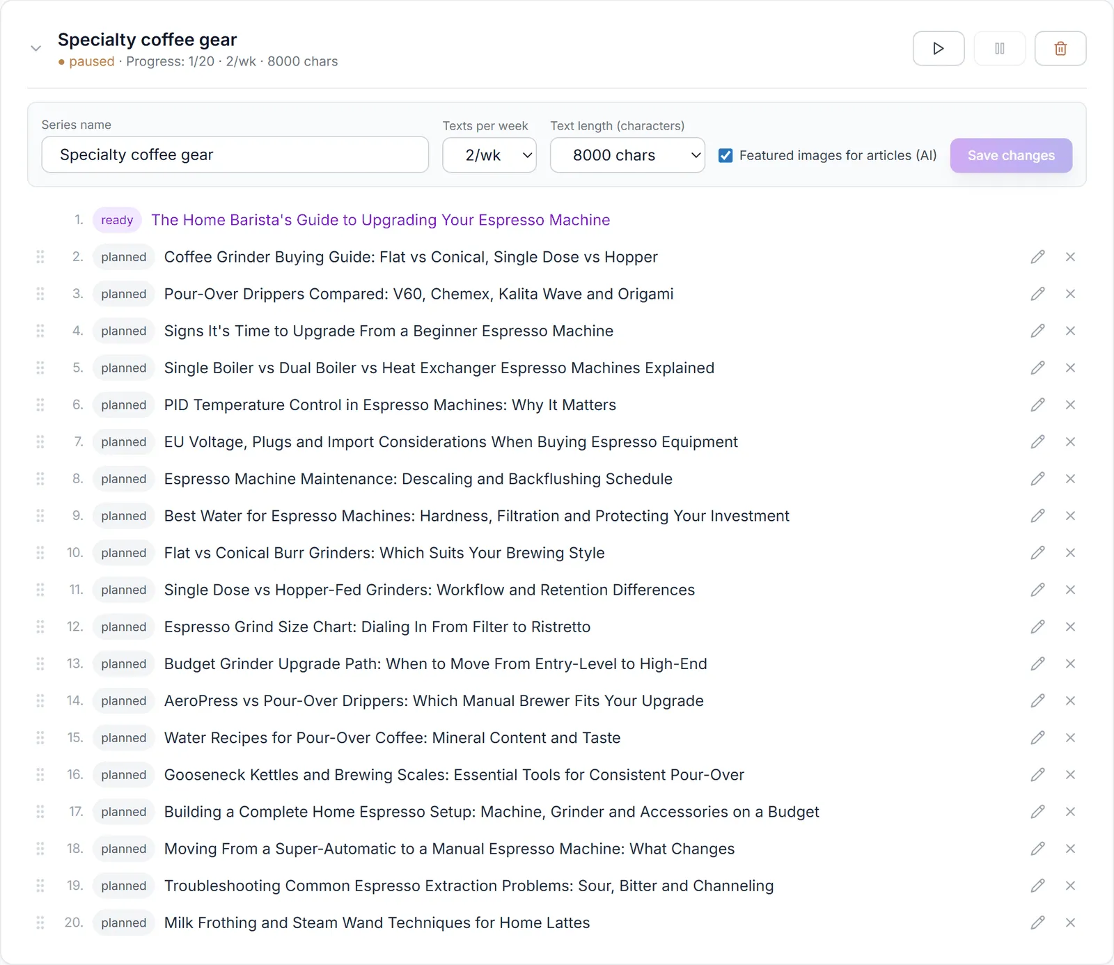 A cluster of 20 planned autoblog topics in the Smart-Copy dashboard