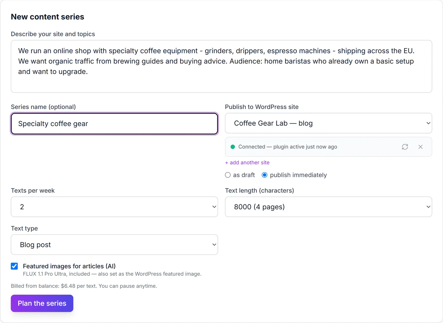 The new autoblog series form in the Smart-Copy dashboard