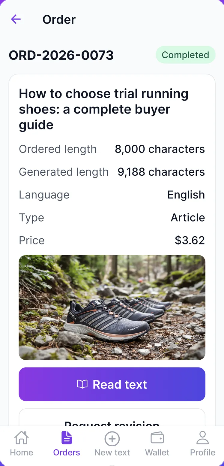 Completed order details in the app with a featured image and a Read text button