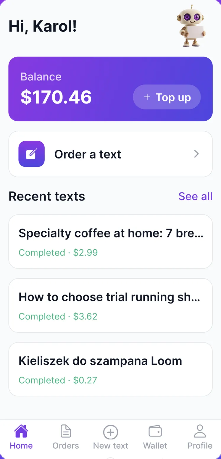 Smart-Copy.ai app home screen: balance, order button and recent texts
