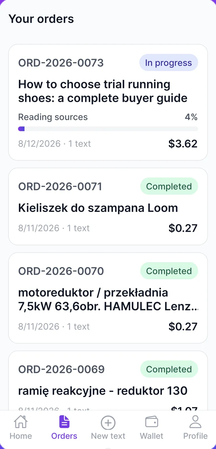 Orders list in the app with a progress bar on an order being written