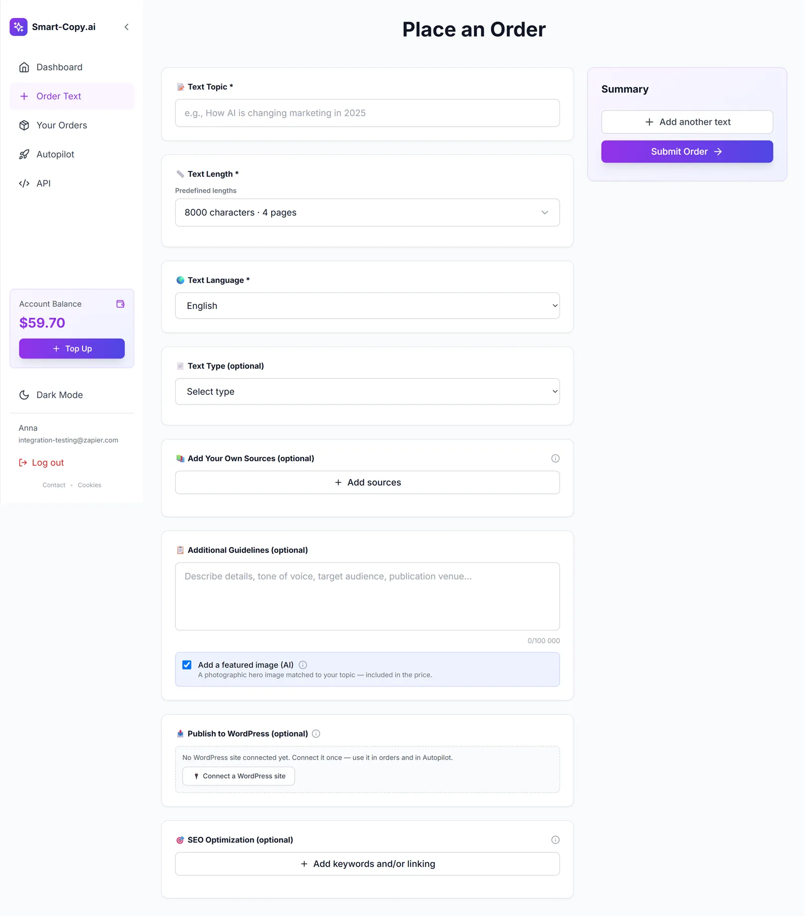 Order form in the Smart-Copy dashboard