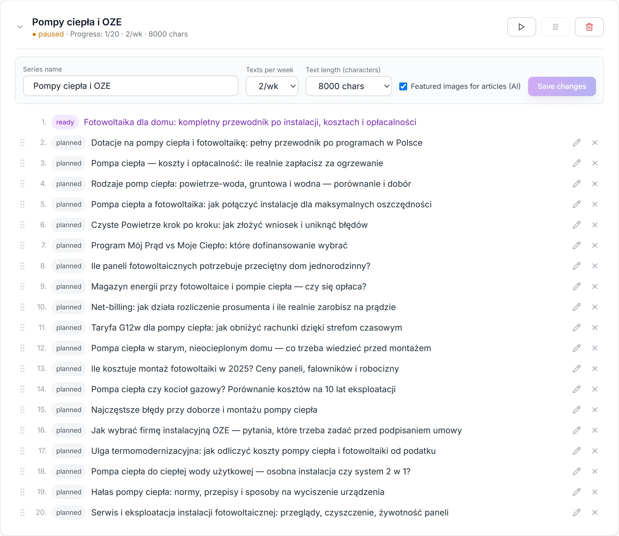 An autoblog series in the Smart-Copy dashboard: a cluster of 20 planned topics