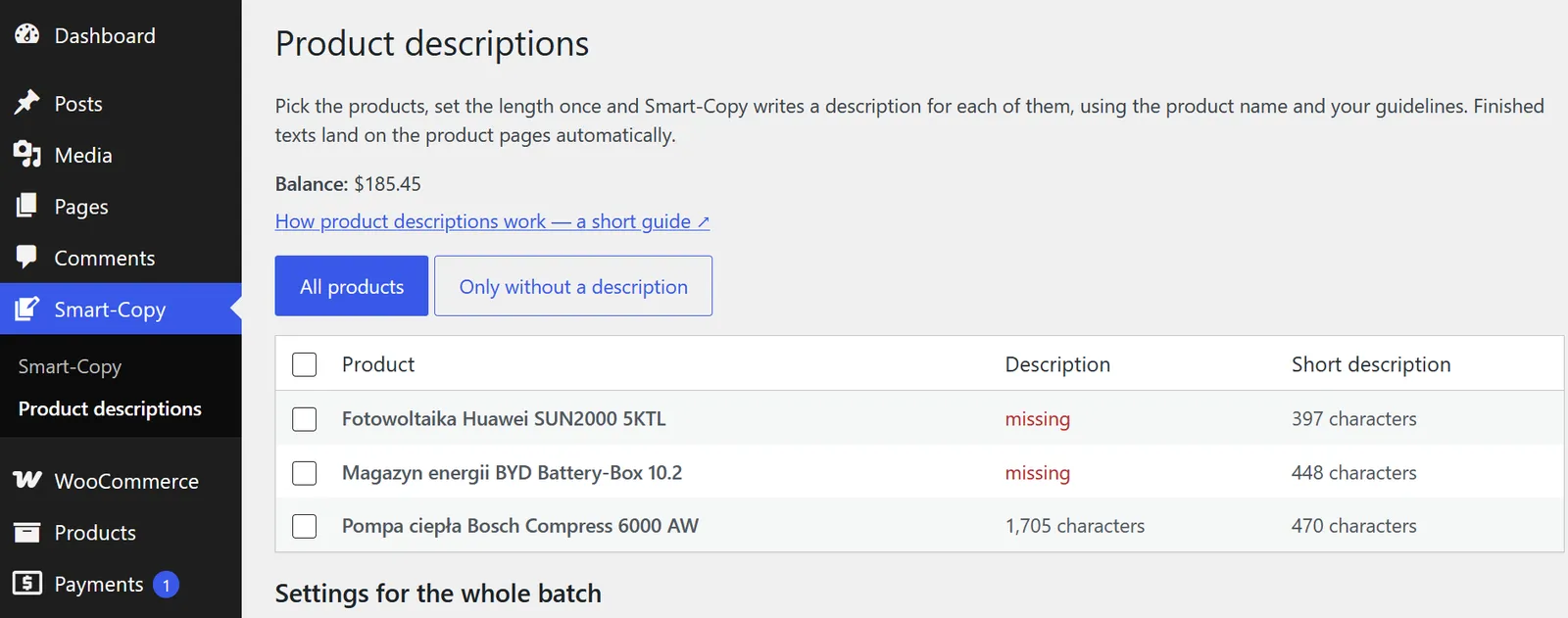 The bulk product description screen in the WordPress dashboard