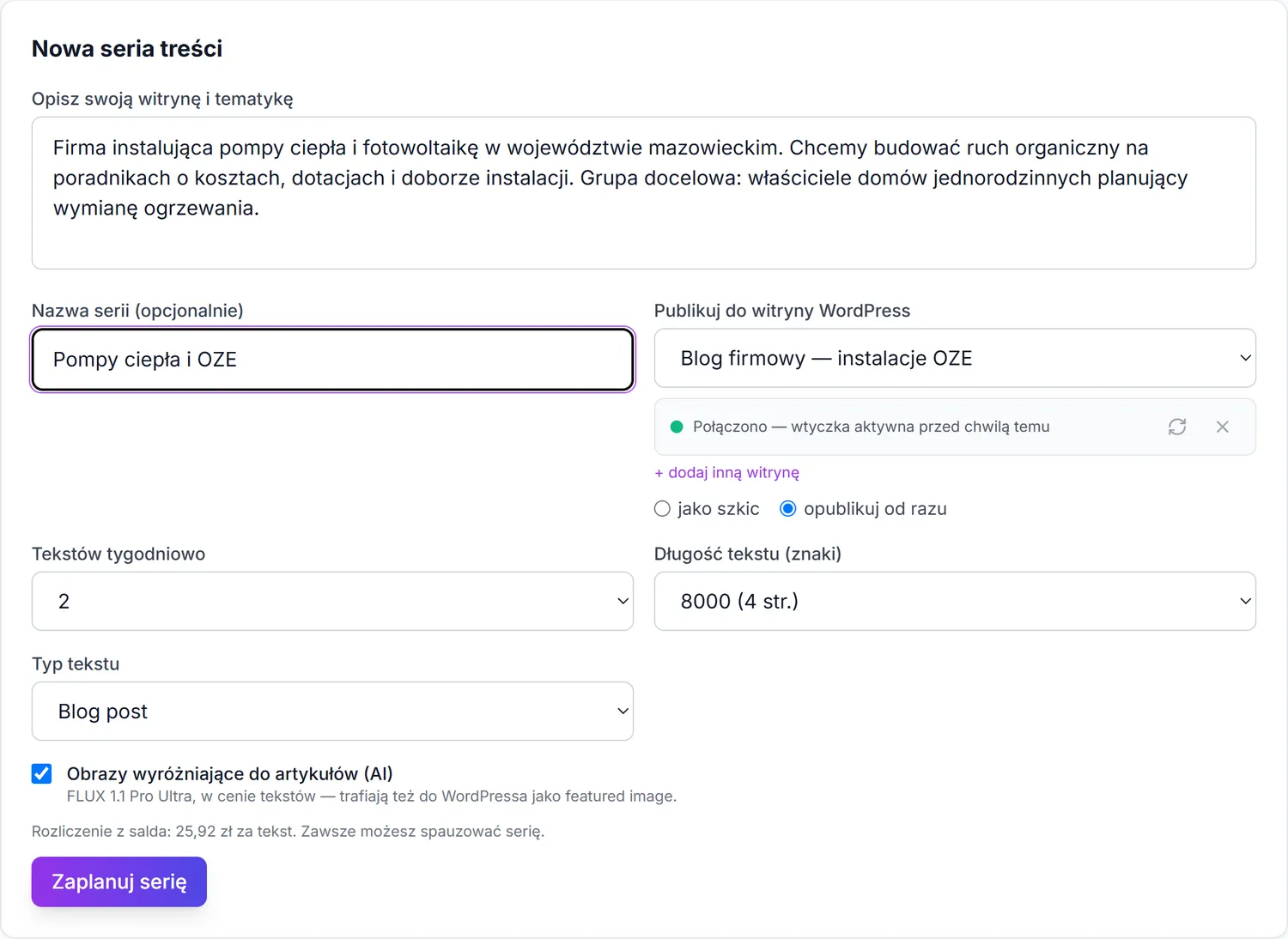 Formularz nowej serii autobloga w panelu Smart-Copy