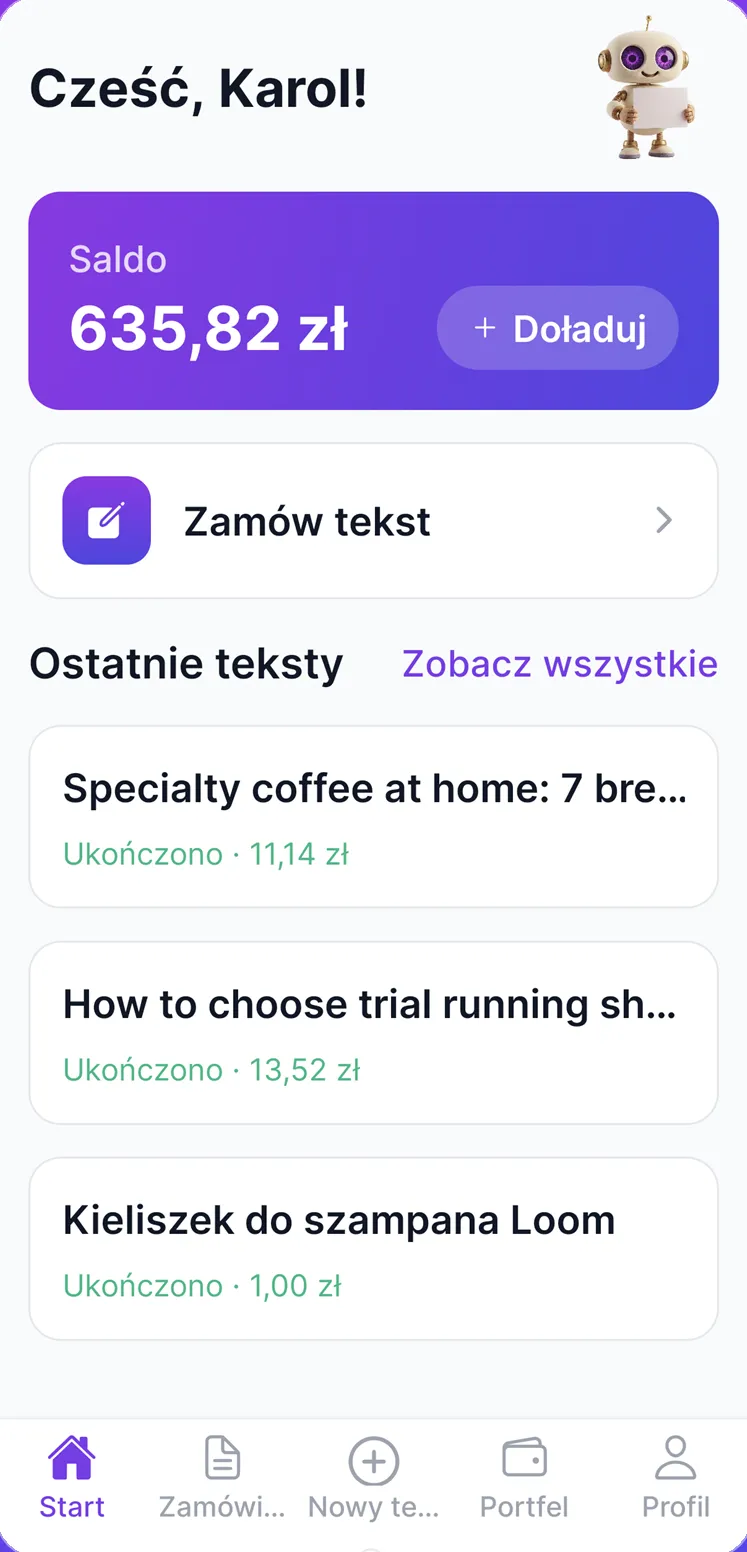 Ekran startowy aplikacji Smart-Copy.ai: saldo, przycisk zamówienia tekstu i ostatnie teksty