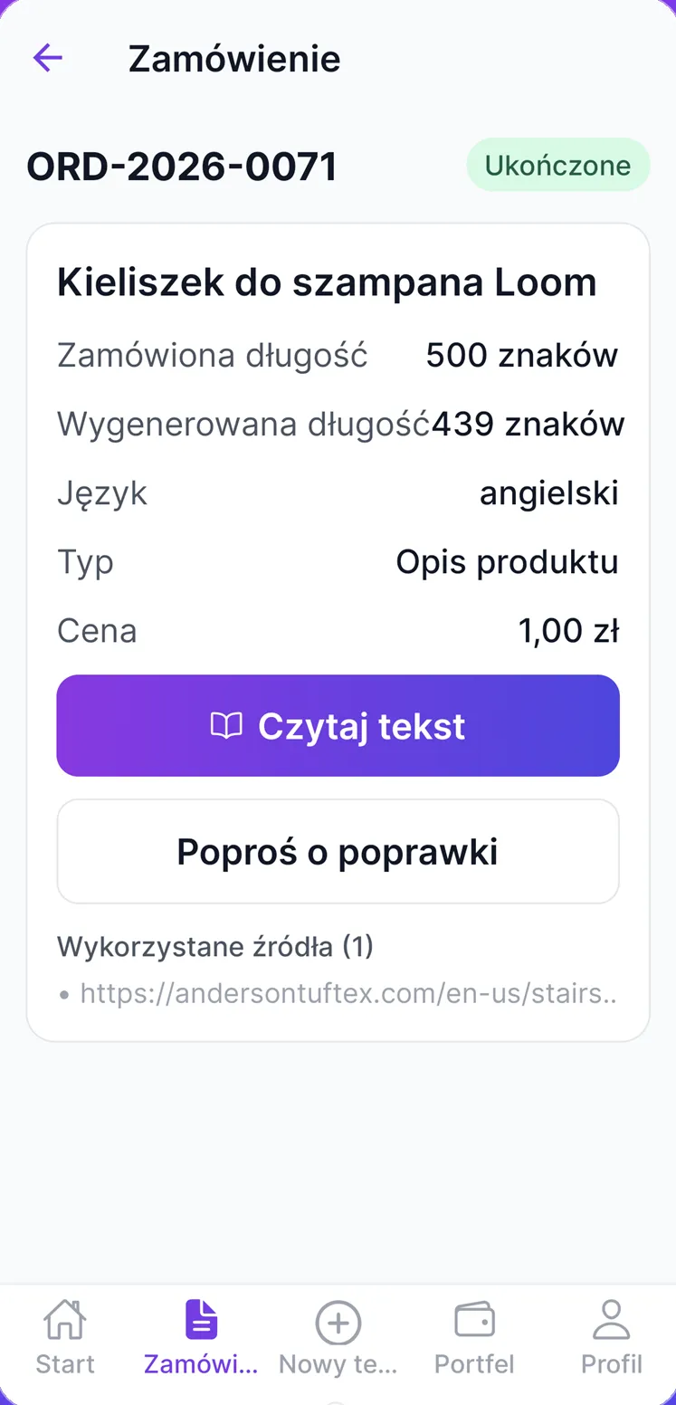 Szczegóły ukończonego zamówienia w aplikacji z przyciskami Czytaj tekst i Poproś o poprawki