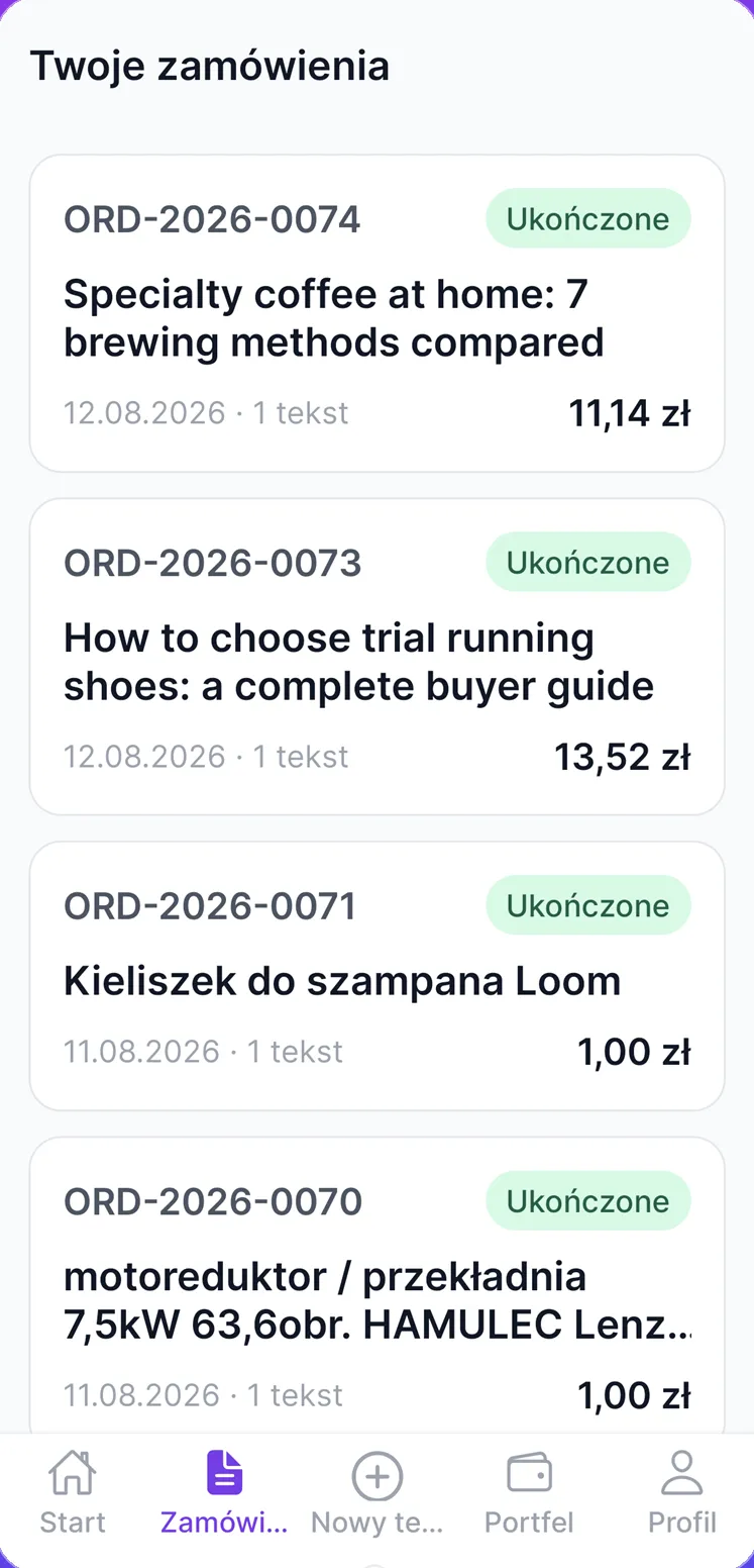 Lista zamówień w aplikacji z paskiem postępu zamówienia w trakcie pisania