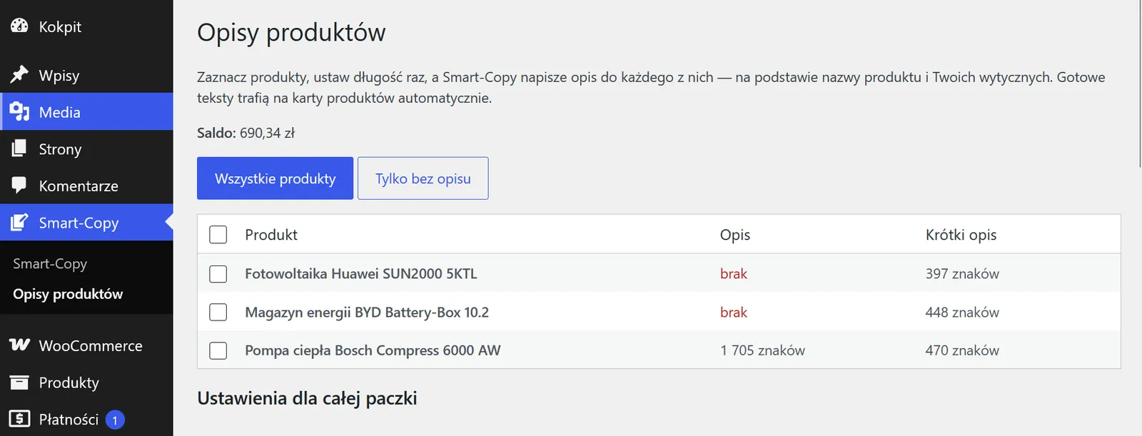 Ekran masowego generowania opisów produktów w panelu WordPressa